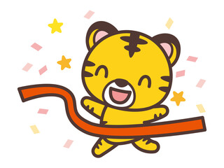 The tiger cross the finish line ゴールテープを切るトラのキャラクター
