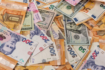 Money from different countries hryvnia, dollars and euros