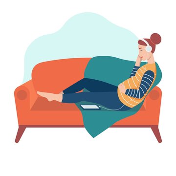 A pregnant woman sits on the sofa and listens to music with headphones. The concept of everyday activities and daily life. Flat cartoon vector illustration.