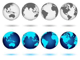 Set of globes of Earth in blue and monochrome colors. Realistic world map in globe shape with shadow