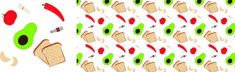 Colorful pattern with tomato avocado, peper, bread, garlic and spice. Vector pattern on white background