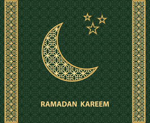 Ramadan greeting card with golden moon, stars and ornament stripes on green background