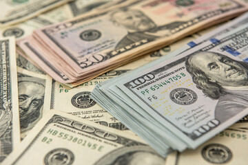 Fototapeta na wymiar Background of US dollar bills. Top view point.
