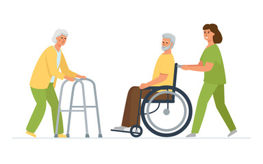 Disabled patients with a nurse. Meeting of an elderly couple in a nursing home, a woman with a walker, a man in a wheelchair.