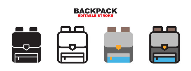 Backpack icon set with different styles. Editable stroke and pixel perfect. Can be used for web, mobile, ui and more.