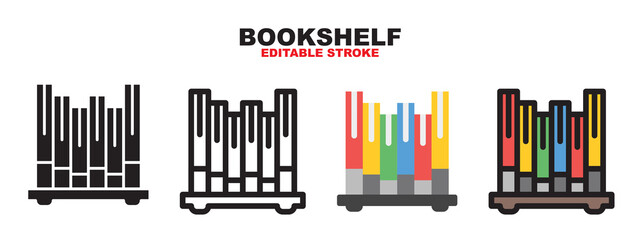 Bookshelf icon set with different styles. Editable stroke and pixel perfect. Can be used for web, mobile, ui and more.