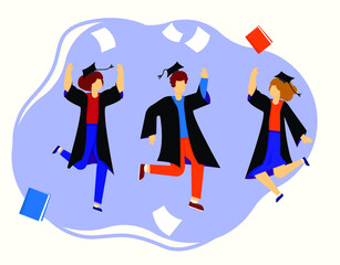 Graduates in graduate gowns and prom caps jump to celebrate and throw away books and sheets. Vector illustration, flat style