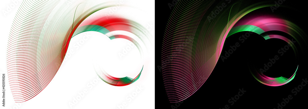 Poster abstract fractal circular frames are created by arched colorful transparent planes on white and blac