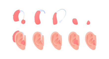 Deaf and hear aid concept. Vector flat illustration set. Collection of hearing aid device inserted into human ear isolated on white. Design element for medicine, health care.