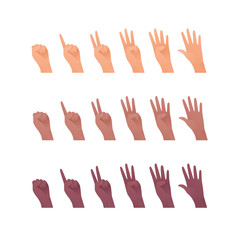 Hand gesture icon collection. Vector flat multiracial llustration set. Caucasian, african american and indian ethnic. Finger count symbol. Open palm. Design element for web.