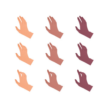 Hand gesture icon collection. Vector flat multiracial llustration set. Caucasian, african american and indian ethnic. Open palm touch and point sign. Design element for web.