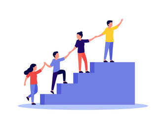 Team of people is united by aspiration and achievement together up stairs. Business support and help group people for success and growing, partnership concept. Symbol of teamwork, cooperation. Vector