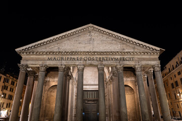 Pantheon Temple At Night In Rome, Italy