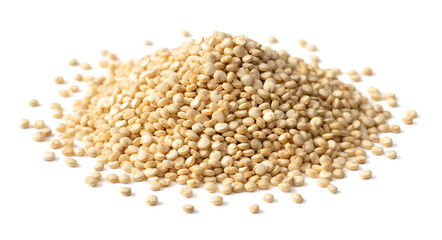 small pile of raw white quinoa, isolated on pure white background