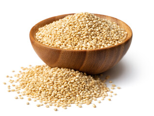 raw white quinoa seeds, in the wooden bowl, isolated on pure white background