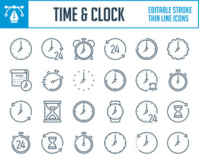 Fototapeta Time and clock thin line icons. Time management and Measurement outline icon set. Editable stroke icons. obraz
