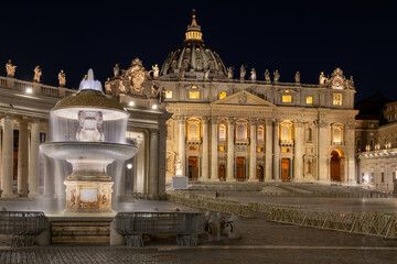 St Peter Basilica and Fountain in Vatican at Night