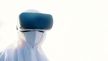 Virologist in full protective suit using vr glasses in research. High quality photo