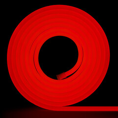 Red flexible glowing led tape neon in reel standing on black background