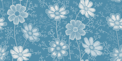 Seamless spring floral pattern. Garden flowers chamomile. Vintage vector.