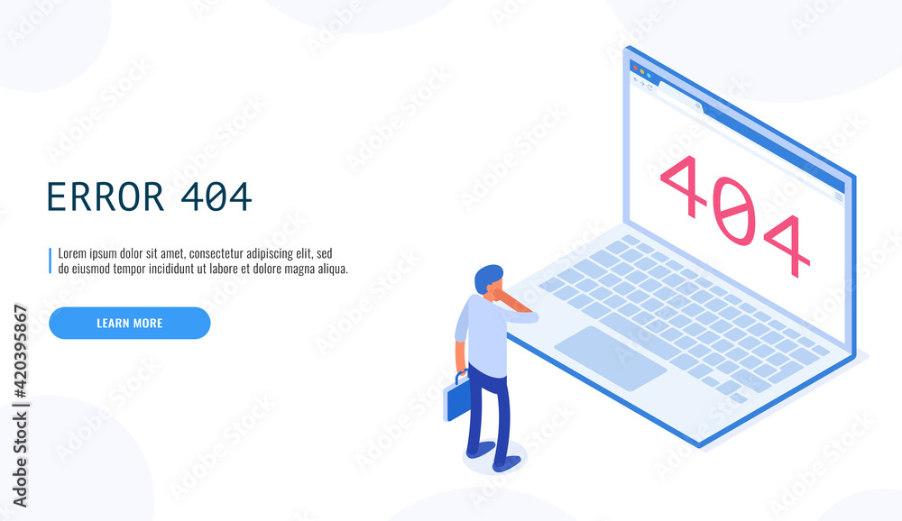 Poster 404 error. man watching page not found message on laptop display cartoon character. client service n