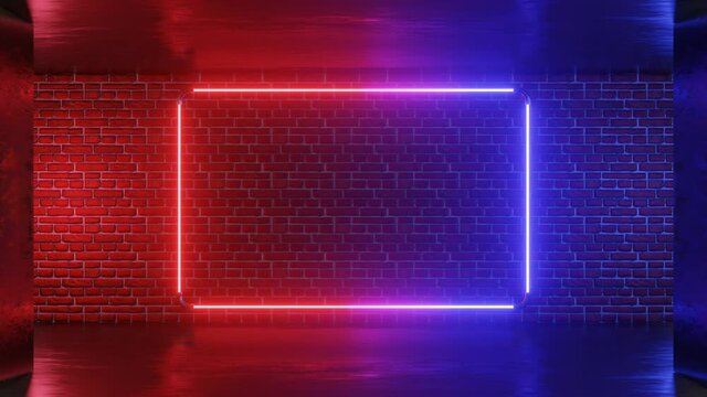 Abstract background with bright blue and red spectrum. A neon rectangle appears on a brick wall. UV light glowing neon colors. Abstract background with neon rectangle is great for product presentation