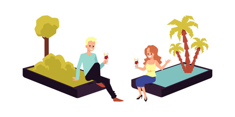 Virtual love and romantic distance relationships a vector flat illustration.