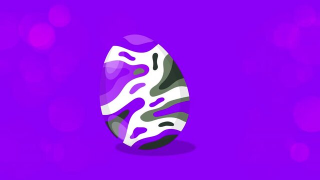 Happy Easter Greeting. Easter egg on a purple bokeh background. Easter text coming out from the broken egg. 4K Video motion graphic animation.