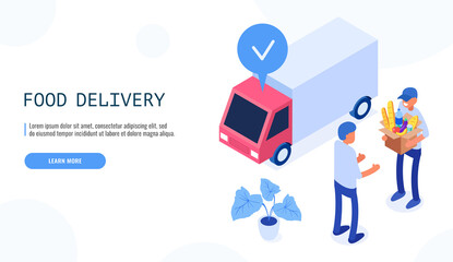 Food delivery service concept. Deliveryman gives the box with food to the male client. Isometric web banner. Vector.