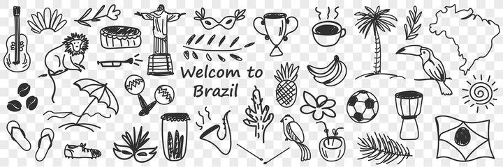 Brazilian traditional symbols doodle set. Collection of hand drawn Brazilian soccer ball, coffee monument monkey guitar pineapple parrot cactus beach isolated on transparent background