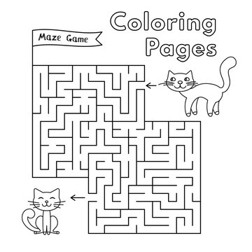 Mommy cat and little kitten maze game. Vector coloring book pages for children