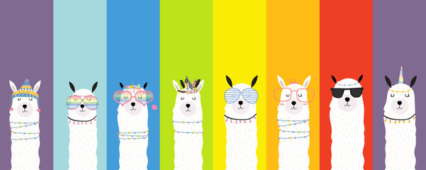 Collection of animal background set with llama,rainbow color.Editable vector illustration for birthday invitation,postcard and sticker © piixypeach