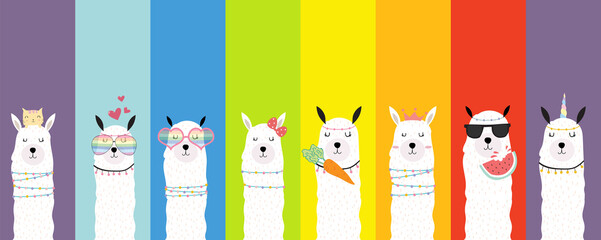Collection of animal background set with llama,rainbow color.Editable vector illustration for birthday invitation,postcard and sticker © piixypeach