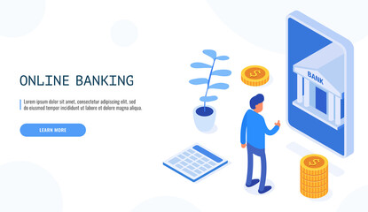 Online banking concept. Man looks at mobile banking on the phone. Isometric web banner. Vector illustration.