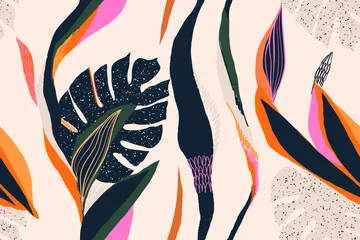 Fotobehang Moderne exotische jungle planten illustratie patroon. Creatief collage eigentijds naadloos patroon. Modieuze sjabloon voor ontwerp. © Irina