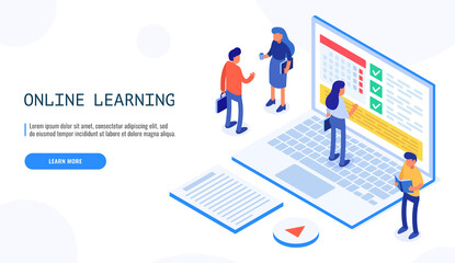 People communicate on educational topics, on screen laptops educational schedule. Online education. Web banner. Isometric vector.