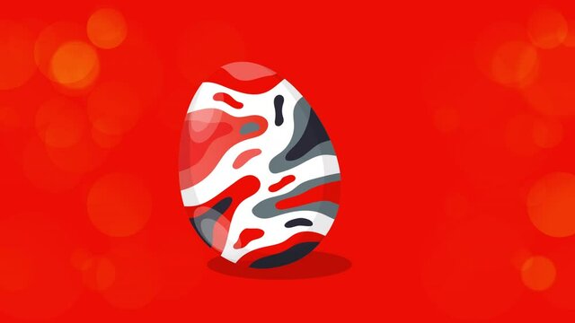 Happy Easter Greeting. Easter egg on a red bokeh background. Easter text coming out from the broken egg. 4K Video motion graphic animation.