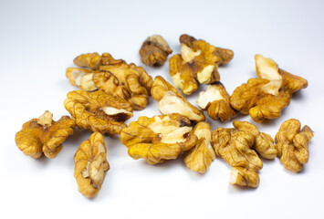 Greece nuts. Close-up of walnuts on white background. Food for brain energy.