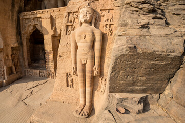 Grandiose monolithic rock-hewn statues and monuments of the Jains in Siddhanchala Gwalior. Madhya...