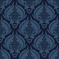 Damask seamless vector pattern. Classic vintage dark blue ornament, royal victorian geometric seamless pattern for wallpaper, textiles, packaging. Floral baroque pattern 