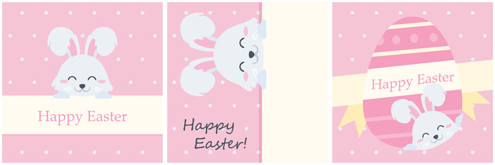 Set of pink easter cards with cute bunny. 