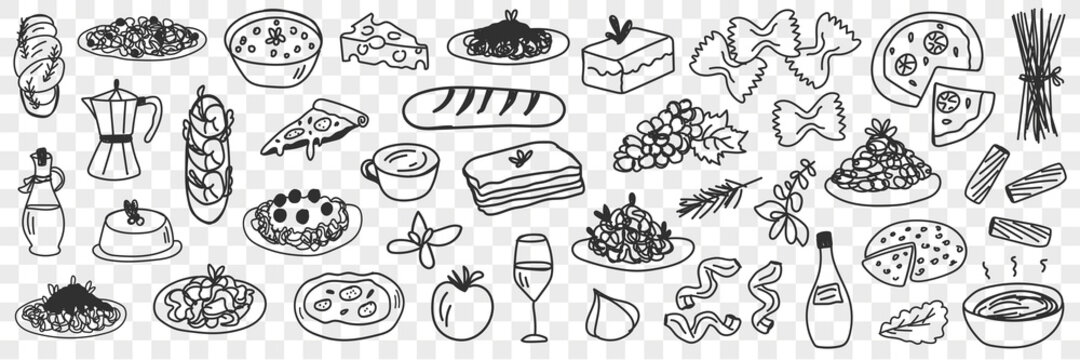 Foods and drinks doodle set. Collection of hand drawn edible and tasty bread cakes fruits pizza soup olive oil and drinks in glass and pot isolated on transparent background