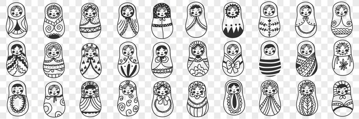 Russian doll matryoshka doodle set. Collection of hand drawn various Russian traditional national doll matryoshka decorated with patterns isolated on transparent background