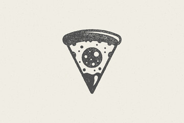Slice of pizza silhouette with tomato and cheese hand drawn stamp effect vector illustration.