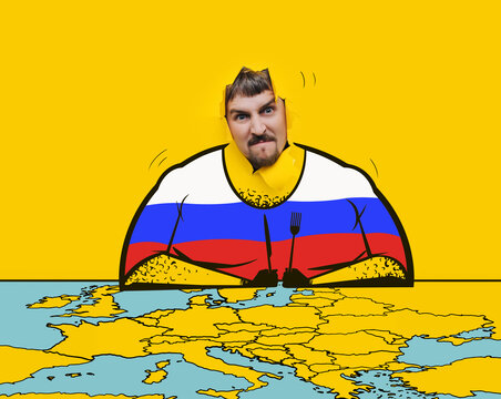 The Concept Of The Russian Federation's Aggression Against Neighboring Countries. The Annexation Of Crimea, An Attack On Ukraine. Photo Stand With A Fat Man, Fork And Knife Above The Map Of Europe.