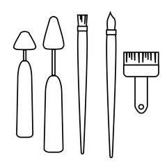 Palette knife and brushes set of objects for drawing, outline style, flat vector illustration