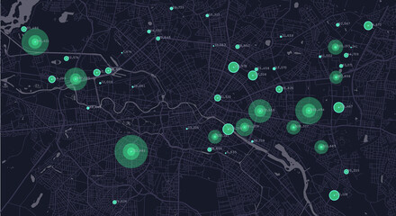 City planning. Urban big data map. Smart city. People activity analysis. Urban clusters hotspots. Megapolis monitoring technology. - obrazy, fototapety, plakaty