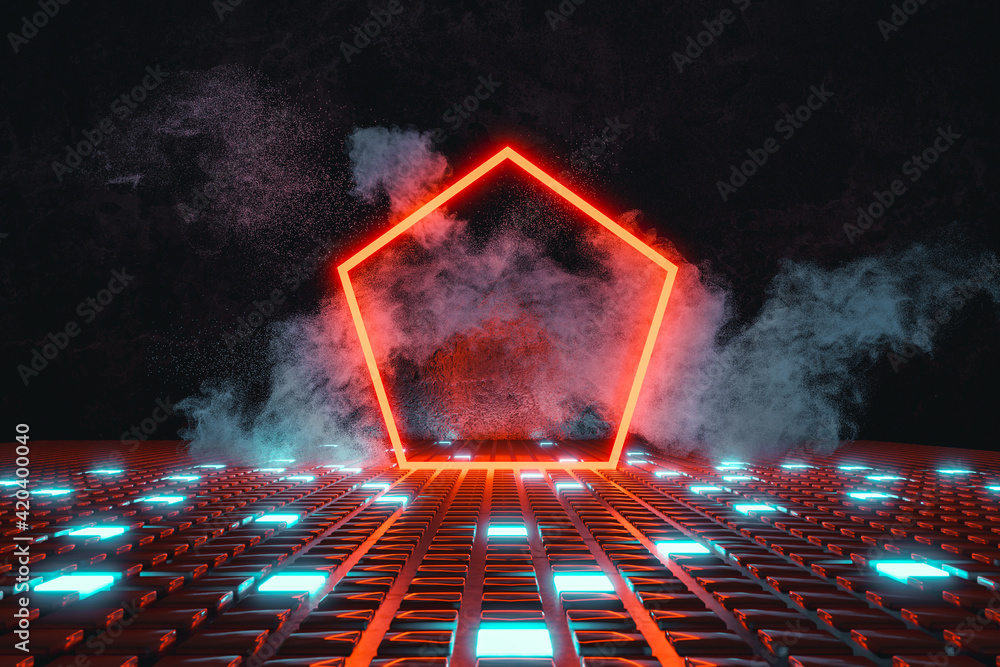 Poster 3d rendering of red neon pentagonal shape on shining button floor and surrounded by smoke