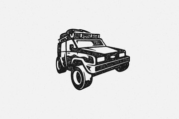 Black silhouette of off road car designed as symbol of travel through nature hand drawn stamp effect vector illustration
