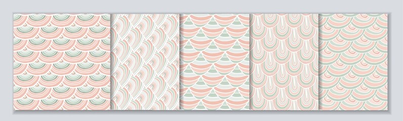 Set of 5 traditional japanese wave crest seamless patterns, pink and white. Geometric minimal doodle repeat patterns collection.